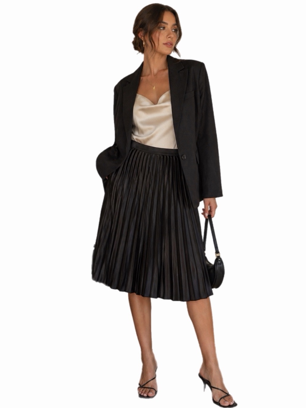 Abercrombie & Fitch Satin Pleated Classic Midi Skirt (Black) Size Large